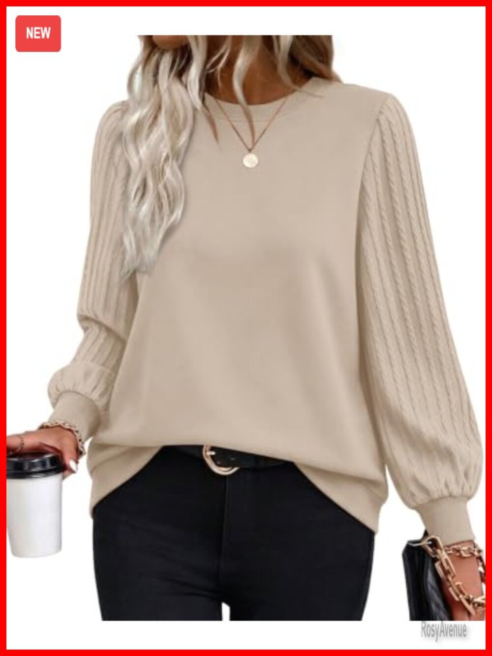 Oversized Crewneck Sweatshirt Loose Fit Cable Knit Sleeve Casual